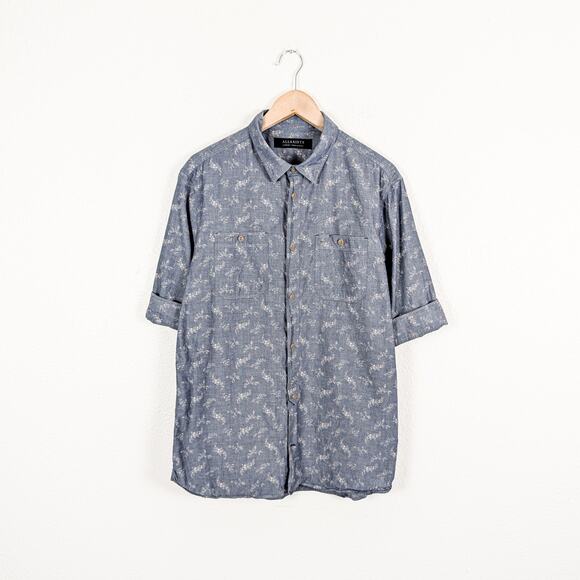 All Saints Men's Quincey Half Sleeve Shirt Chambray floral sz Large - Picture 1 of 6